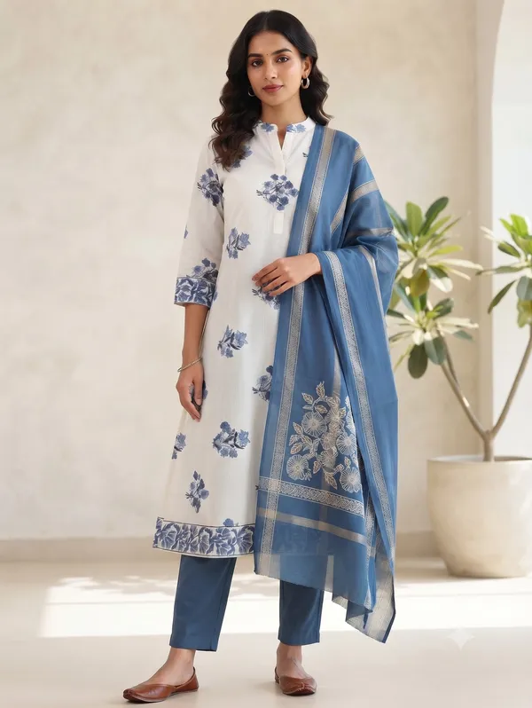 Off_White_Amp_Slate_Blue_Floral_Hand_Block_Printed_Kota_3_Piece_Unstitched_Churidar_Dress_Material_Set_With_Woven_Chanderi_Jamdani_Dupatta_Fs2103