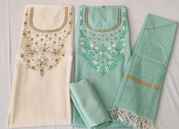 Pastel_Mint_Amp_Off_White_Hand_Embroidered_Kota_Silk_3_Piece_Churidar_Suit_Material_With_Gota_Patti_Dupatta_Fs200c