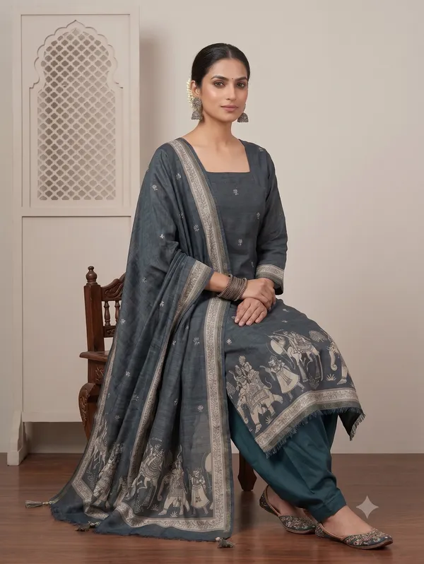 Royal_Teal_Semi_Tussar_Silk_Heritage_Royal_Procession_Digital_Print_3_Piece_Unstitched_Churidar_Dress_Material_Set_With_Shantoon_Bottom_Fs1995b