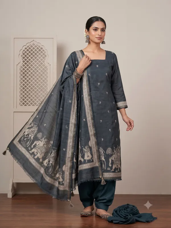 Royal_Teal_Semi_Tussar_Silk_Heritage_Royal_Procession_Digital_Print_3_Piece_Unstitched_Churidar_Dress_Material_Set_With_Shantoon_Bottom_Fs1995b