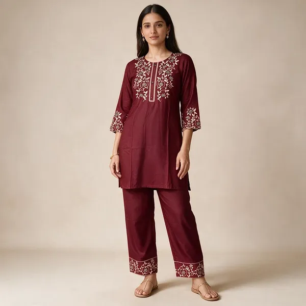 Maroon_Heavy_Rayon_Floral_Embroidered_Tunic_Palazzo_Co-Ord_Set_For_Women