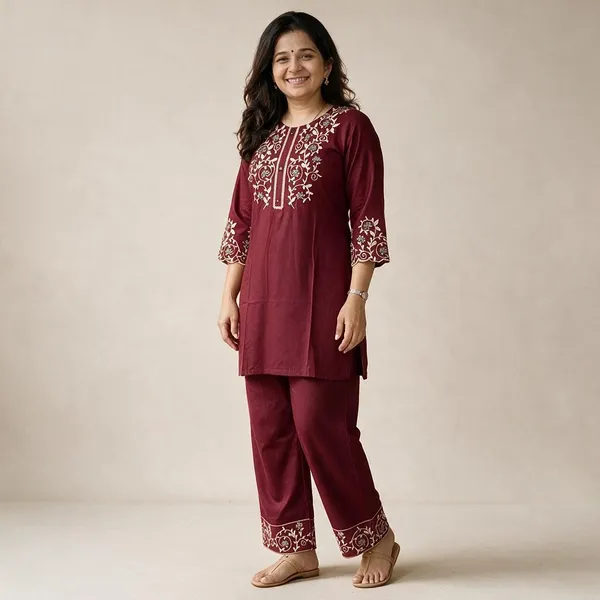 Maroon_Heavy_Rayon_Floral_Embroidered_Tunic_Palazzo_Co-Ord_Set_For_Women