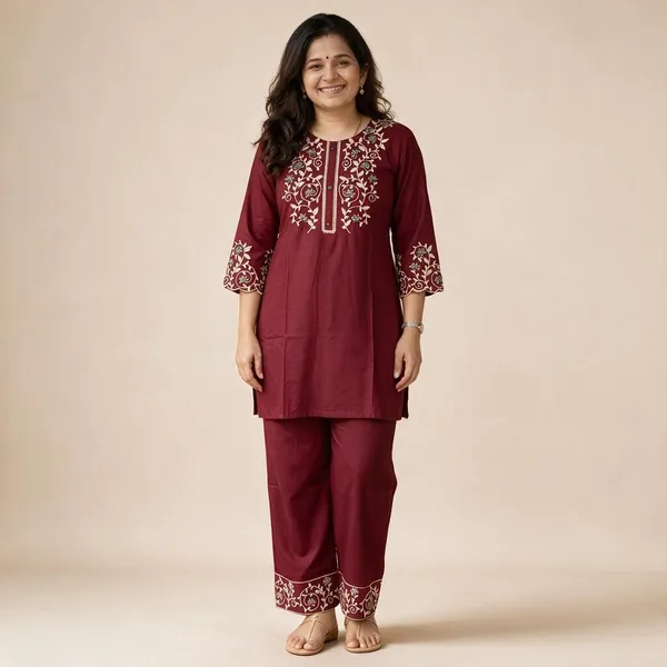 Maroon_Heavy_Rayon_Floral_Embroidered_Tunic_Palazzo_Co-Ord_Set_For_Women