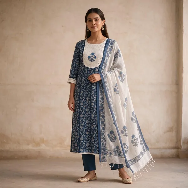 Dark_Blue_Pure_Cotton_Hand-Block_Printed_Unstitched_Kurti_Set_For_Women