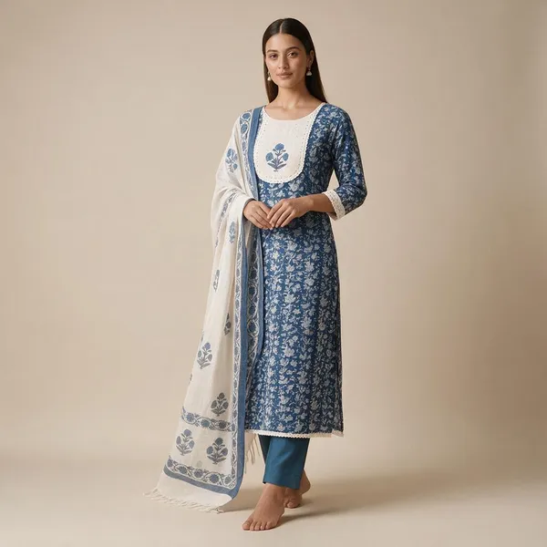 Dark_Blue_Pure_Cotton_Hand-Block_Printed_Unstitched_Kurti_Set_For_Women