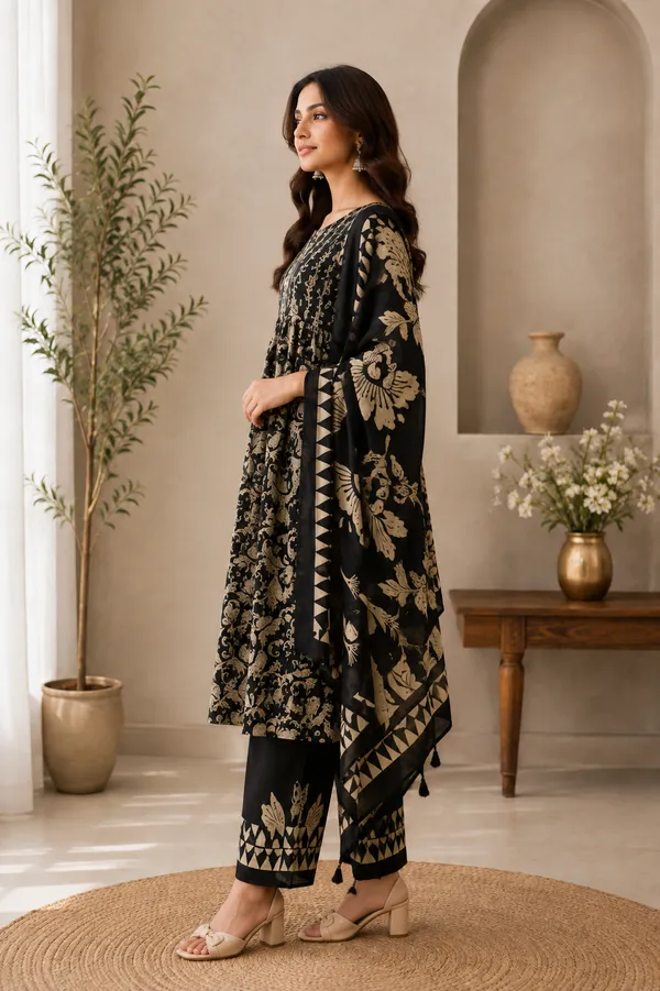 Midnight_Black_Block_Printed_Mulmul_Cotton_3_Piece_Suit_Set_With_Mirror_Work_Fsrd238