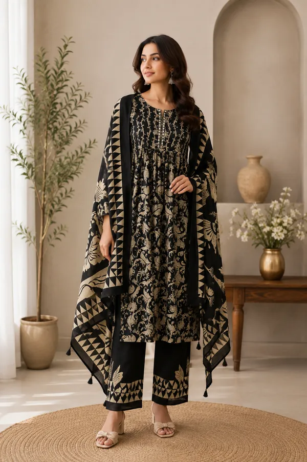Midnight_Black_Block_Printed_Mulmul_Cotton_3_Piece_Suit_Set_With_Mirror_Work_Fsrd238