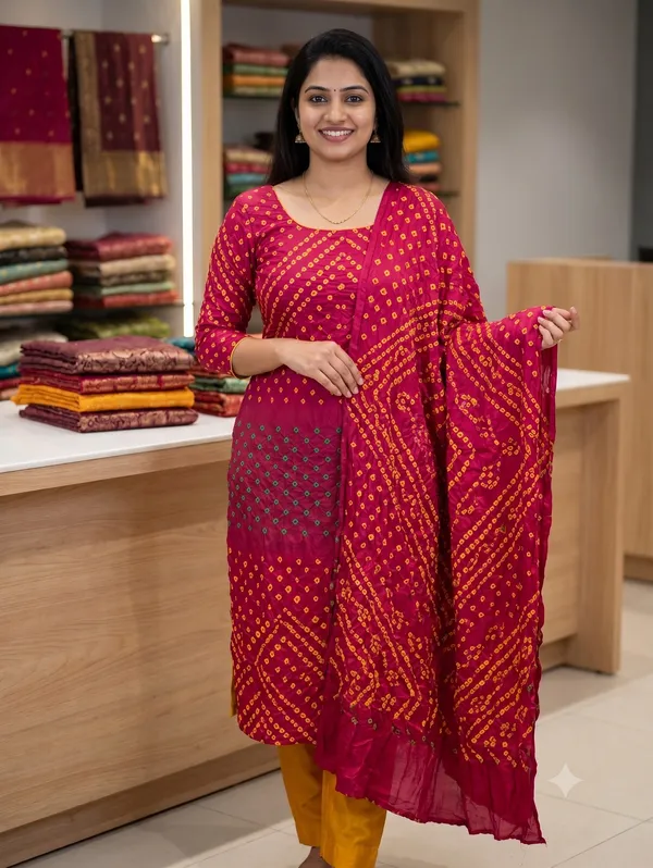 Red_Modal_Silk_Bandhani_Unstitched_Kurti_Set_For_Women