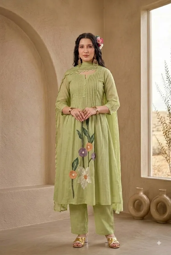 Green_Mal_Chanderi_Anarkali_Kurti_Set_With_Dupatta_For_Women