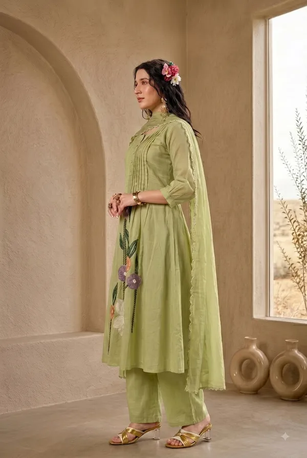 Green_Mal_Chanderi_Anarkali_Kurti_Set_With_Dupatta_For_Women