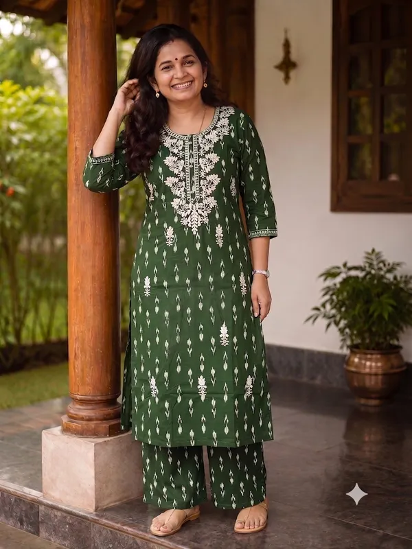 Dark_Green_Soft_Cotton_Ikat_Printed_Embroidered_Co-Ord_Set_For_Women