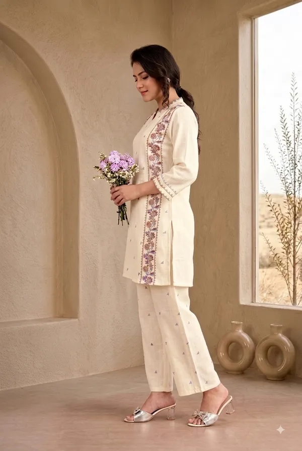 White_Linen_Floral_Embroidered_Tunic_Co-Ord_Set_For_Women