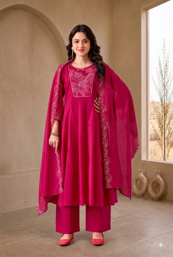 Red_Mal_Cotton_Floral_Embroidered_Anarkali_Kurti_Set_For_Women