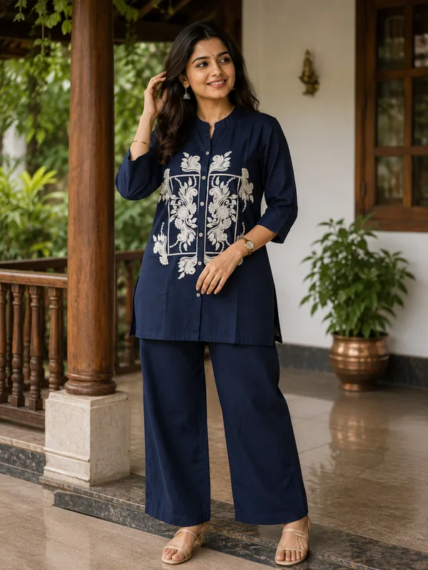Navy_Blue_Pure_Cotton_Embroidered_Tunic_Palazzo_Co-Ord_Set_For_Women