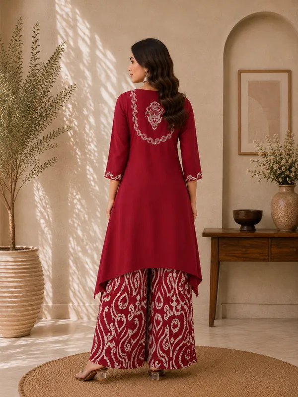 Dark_Red_Gajji_Silk_Asymmetric_Kurta_Sharara_Co-Ord_Set_For_Women