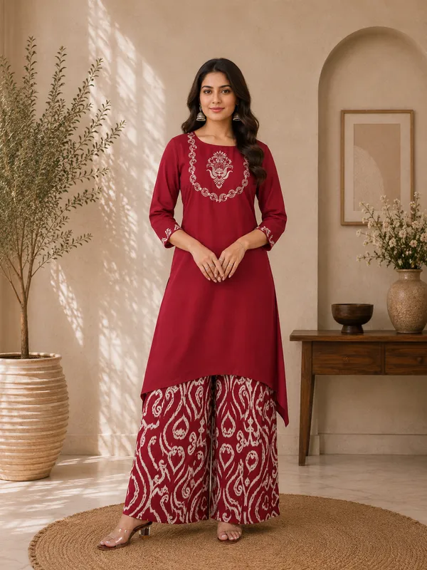 Dark_Red_Gajji_Silk_Asymmetric_Kurta_Sharara_Co-Ord_Set_For_Women
