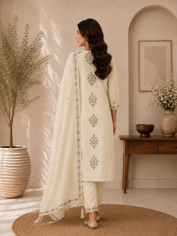 Cream_Dezzal_Fabric_Floral_Embroidered_3-Piece_Kurti_Set_For_Women