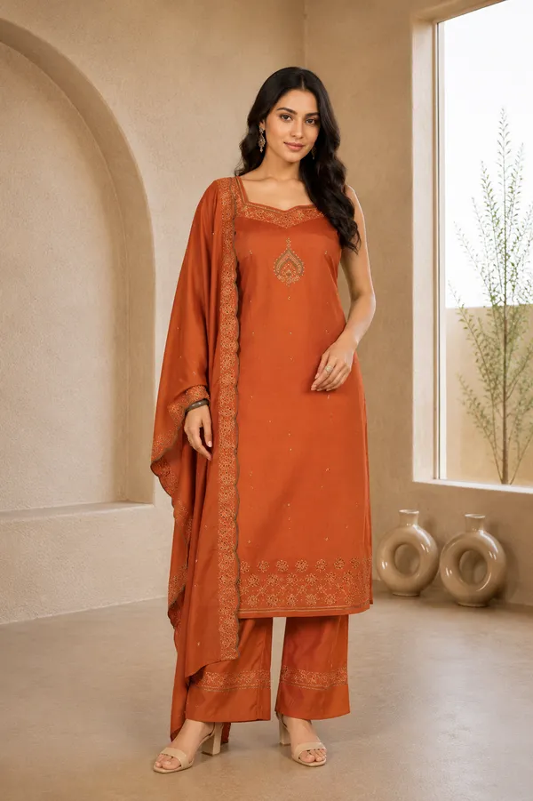 Brown_Vetican_Schiffli_Work_3-Piece_Kurti_Set_For_Women
