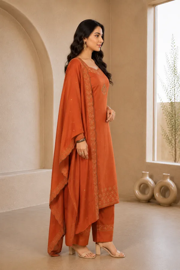 Brown_Vetican_Schiffli_Work_3-Piece_Kurti_Set_For_Women