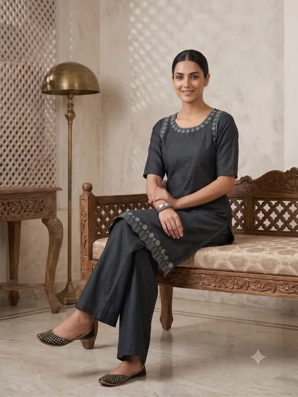 Dark_Grey_Suvi_Slub_Cotton_Embroidered_Kurti_Set_For_Women
