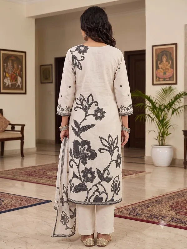 White_Linon_Cotton_Botanical_Print_3-Piece_Kurti_Set_For_Women