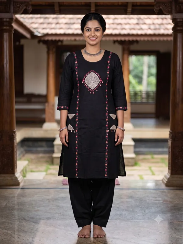 Black_Suvi_Slub_Cotton_Embroidered_Kurta_Trouser_Kurti_Set_For_Women