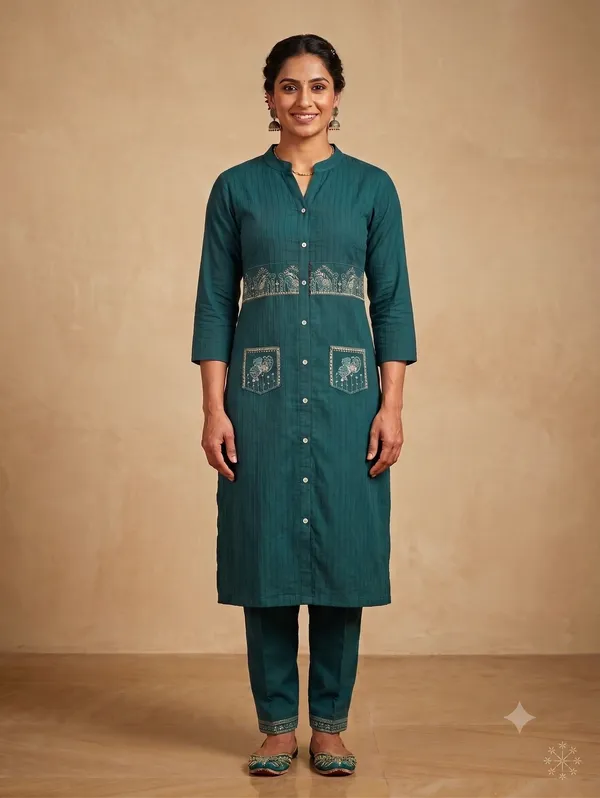 Dark_Blue_Suvi_Slub_Cotton_Embroidered_Kurta_Trouser_Kurti_Set_For_Women