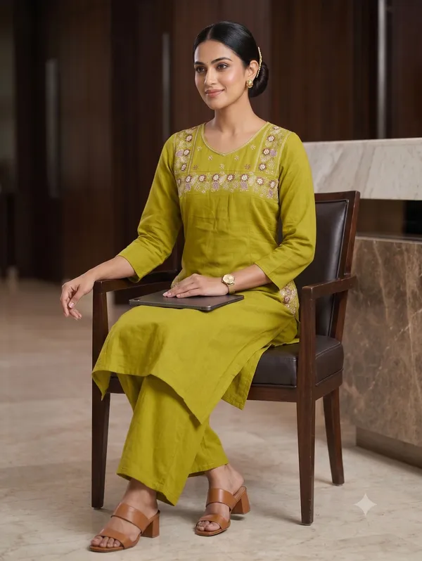 Lime_Green_Khadi_Cotton_Embroidered_Palazzo_Kurti_Set_For_Women