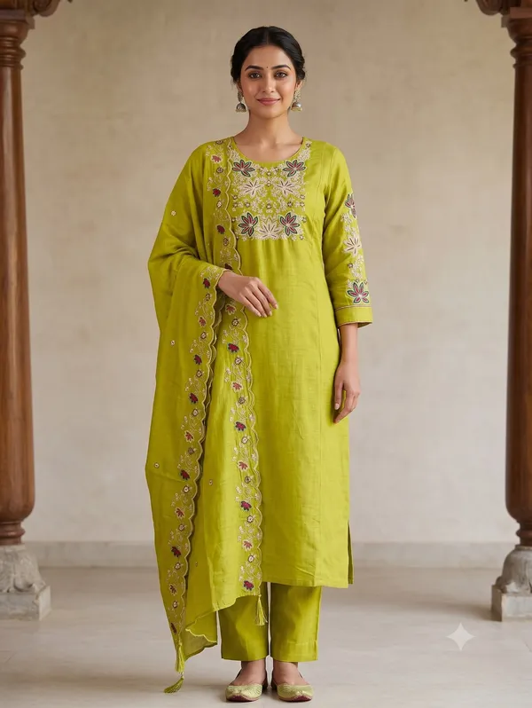 Lime_Green_Roman_Silk_Embroidered_3-Piece_Kurti_Set_For_Women