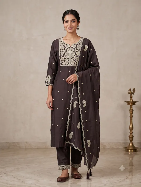 Dark_Brown_Roman_Silk_Embroidered_3-Piece_Kurti_Set_For_Women