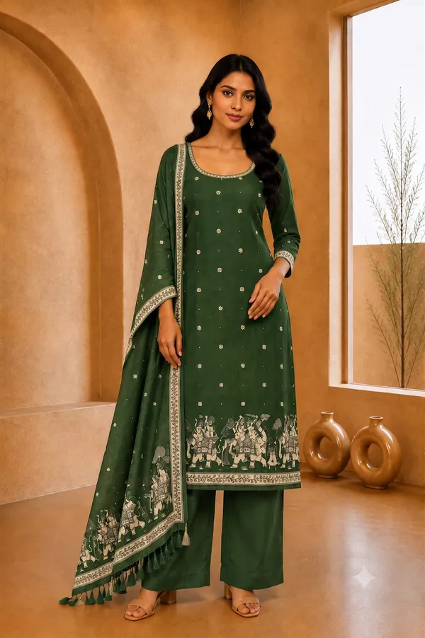 Dark_Green_Semi_Tussar_Silk_Heritage_Digital_Print_Unstitched_Kurti_Set_For_Women