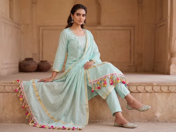 Mint_Green_Kota_Silk_Hand-Embroidered_Unstitched_Kurti_Set_For_Women