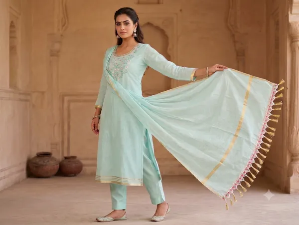 Mint_Green_Kota_Silk_Hand-Embroidered_Unstitched_Kurti_Set_For_Women