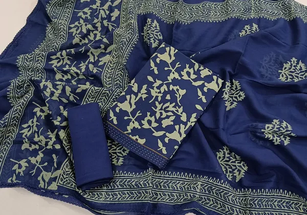 Dark_Blue_Cotton_Foliage_Hand-Block_Printed_Unstitched_Kurti_Set_For_Women