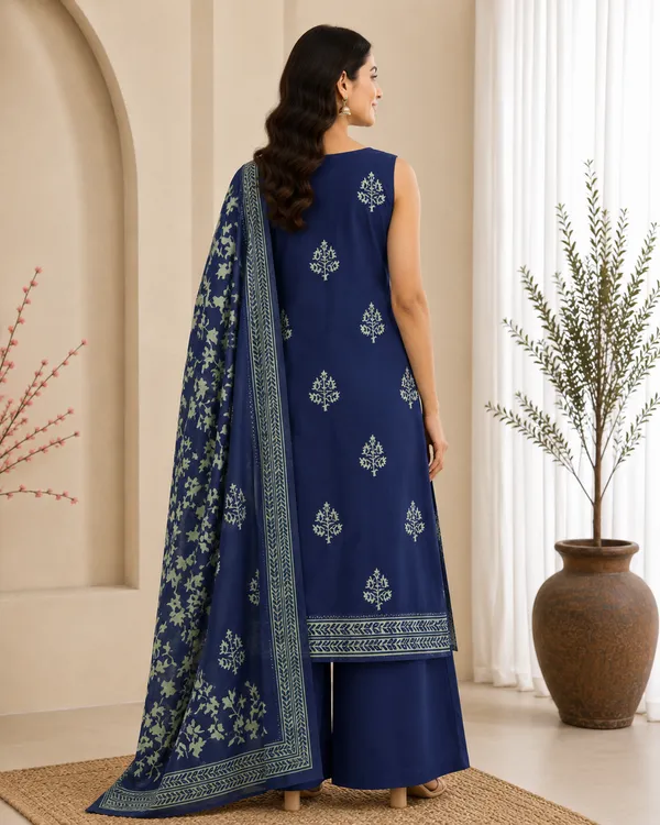 Dark_Blue_Cotton_Foliage_Hand-Block_Printed_Unstitched_Kurti_Set_For_Women