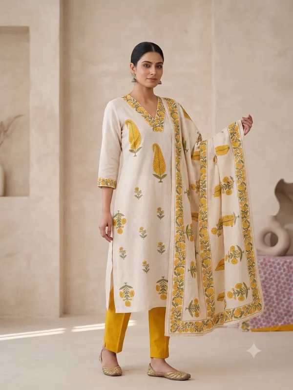 Off-White_Cotton_Chanderi_Floral_Hand-Block_Print_Mirror_Work_Unstitched_Kurti_Set_For_Women