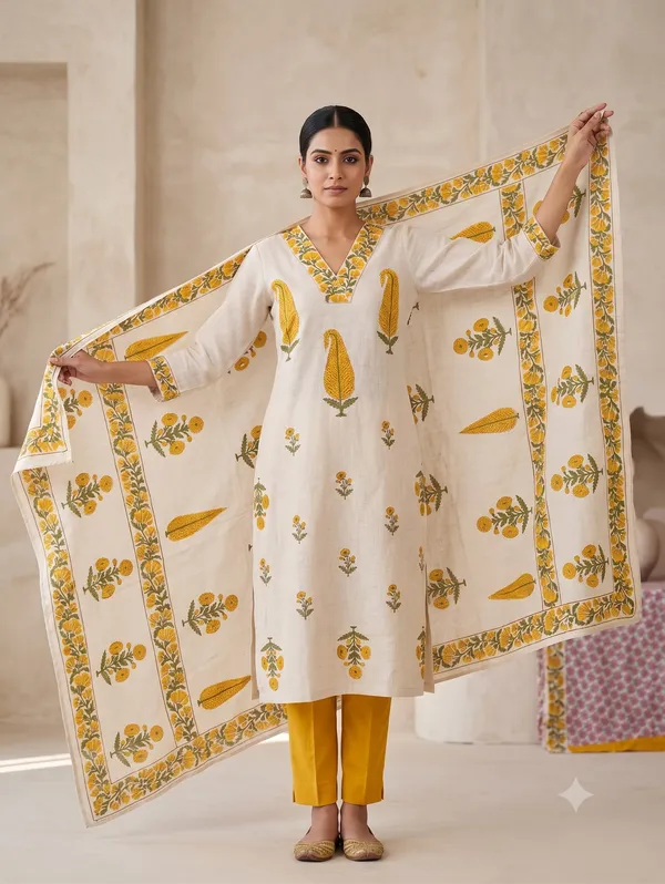 Off-White_Cotton_Chanderi_Floral_Hand-Block_Print_Mirror_Work_Unstitched_Kurti_Set_For_Women