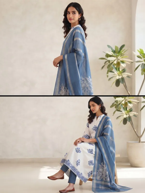 White_Blue_Chanderi_Jamdani_Hand-Block_Printed_Unstitched_Kurti_Set_For_Women