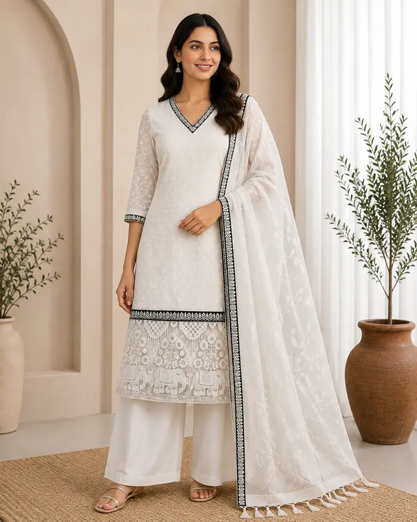 White_Kota_Silk_Woven_Chanderi_Unstitched_Kurti_Set_For_Women