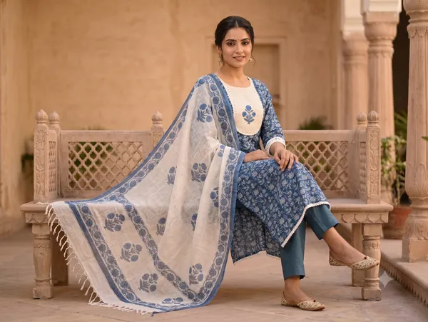 Dark_Blue_Pure_Cotton_Hand-Block_Printed_Unstitched_Kurti_Set_For_Women