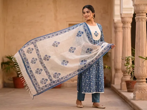 Dark_Blue_Pure_Cotton_Hand-Block_Printed_Unstitched_Kurti_Set_For_Women