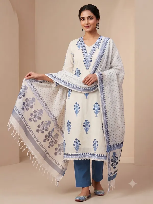 Off-White_Cotton_Hand-Block_Printed_Mirror_Work_Unstitched_Kurti_Set_For_Women