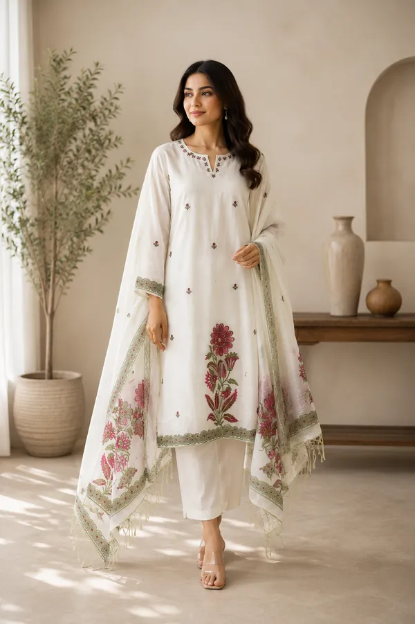 White_Cotton_Linen_Jamdani_Floral_Glass_Work_3-Piece_Kurti_Set_For_Women