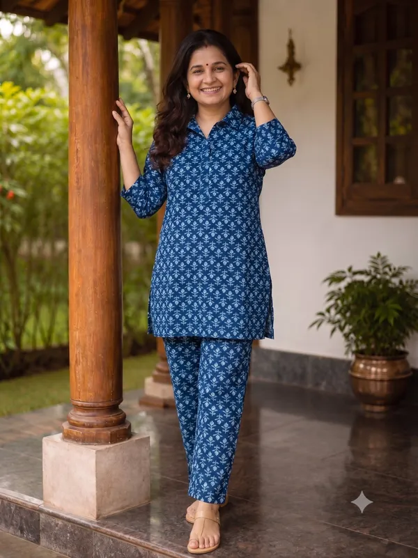 Royal_Blue_Pure_Cotton_Floral_Block-Printed_Co-Ord_Set_For_Women