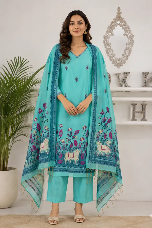 Teal_Blue_Cotton_Silk_Pichwai_Printed_Jamdani_Kurti_Set_For_Women