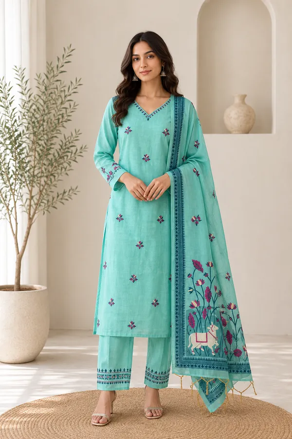 Teal_Blue_Cotton_Silk_Pichwai_Printed_Jamdani_Kurti_Set_For_Women