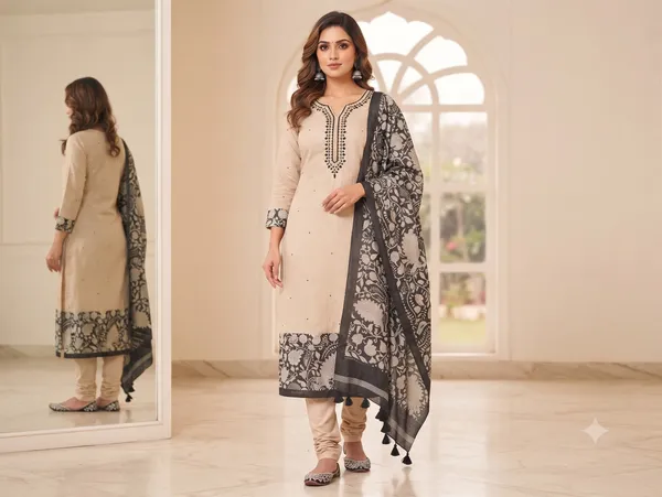 Light_Pink_Semi_Tussar_Silk_Kalamkari_Print_3-Piece_Kurti_Set_For_Women
