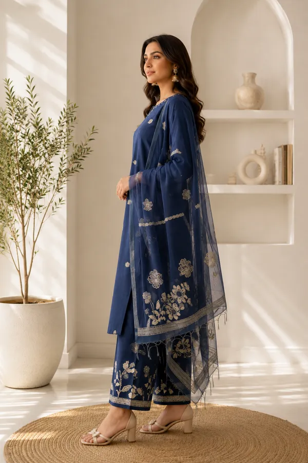 Blue_Jamdani_Cotton_Silk_3-Piece_Kurti_Set_For_Women