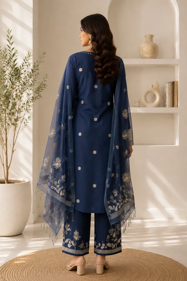 Blue_Jamdani_Cotton_Silk_3-Piece_Kurti_Set_For_Women