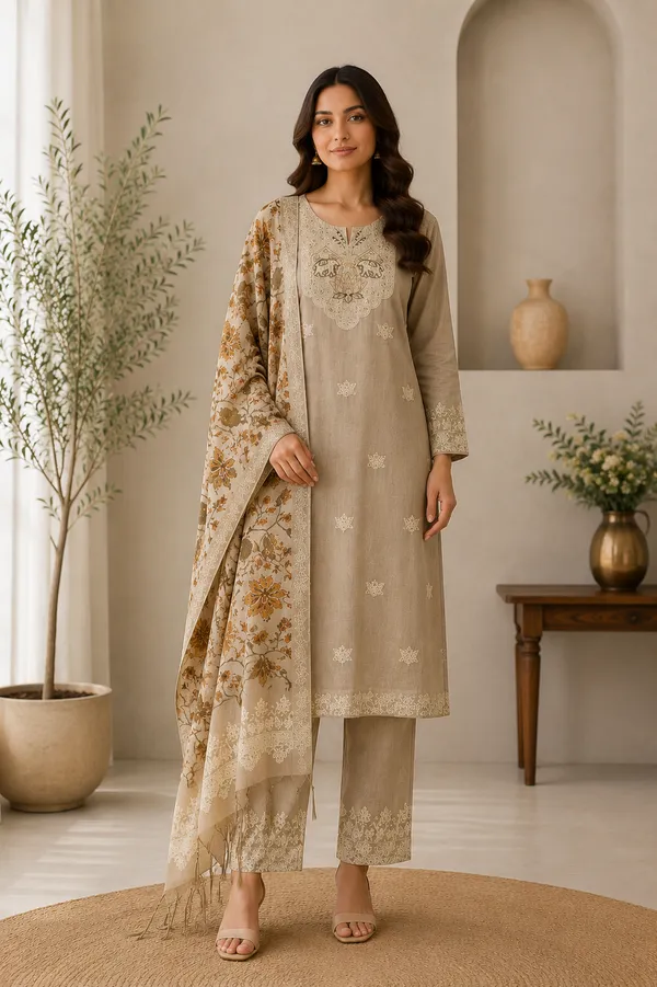 Beige_Cotton_Chanderi_Linen_Jamdani_Embroidered_Kalamkari_Kurti_Set_For_Women